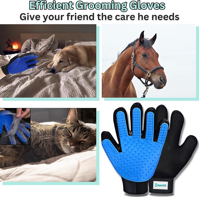ZepetZ (1 Pair) Pet Hair Remover Gloves – Blue, Reusable Grooming Gloves for Dogs, Cats & Horses, Gentle Deshedding, Bathing & Massaging, Anti-Shedding Tool for Pet Hair Removal 1 Pair