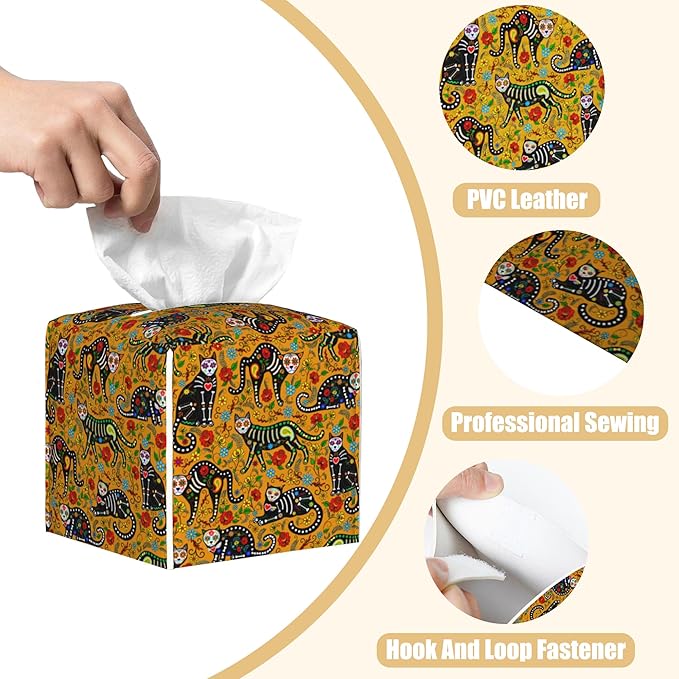 BLYKVGHQ Day of The Dead Square Tissue Box Cover Sugar Skull Black Cats Tissue Box Holder Facial Cube Paper Dispenser Leather Decorative Organizer Home Office Desk Decor, 5.2"x5.2"x5.2"