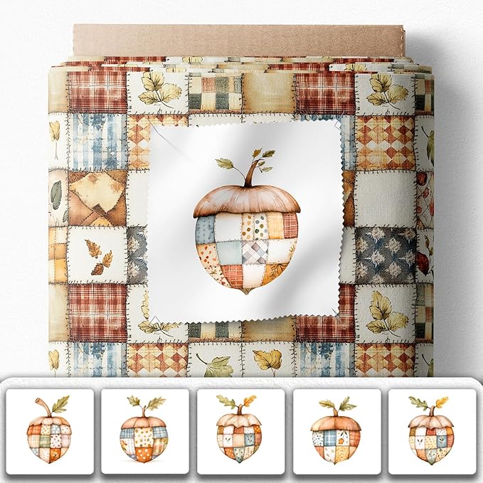 Patchwork Acorn Autumn Cotton Fabric Panel – 6 Designs (10×10 inch Each) + Bonus Sheet 29.5×19.6 inch, 100% Cotton 140 GSM, Made in Türkiye