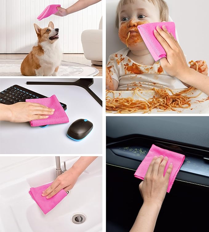 KitchLife Microfiber Cleaning Cloth Roll, 100 Pack - Tear-Away Microfiber Paper Towels, Lint-Free, Reusable, Washable for Kitchen, Car, Dishes, and Sensitive Surfaces (Hot Pink)