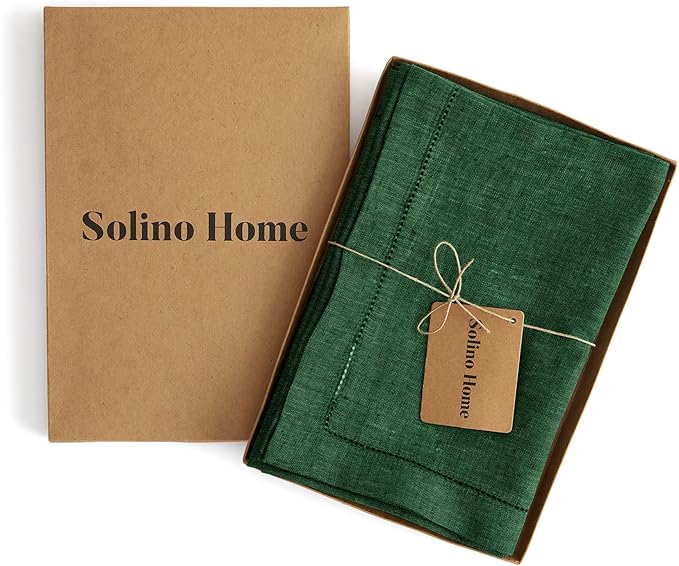 Solino Home Linen Napkins Set of 4 - Hemstitch 100% Pure Linen Forest Green Dinner Napkins Cloth 20 x 20 Inch for Winter, St Patricks Day - Milan, Handcrafted and Machine Washable