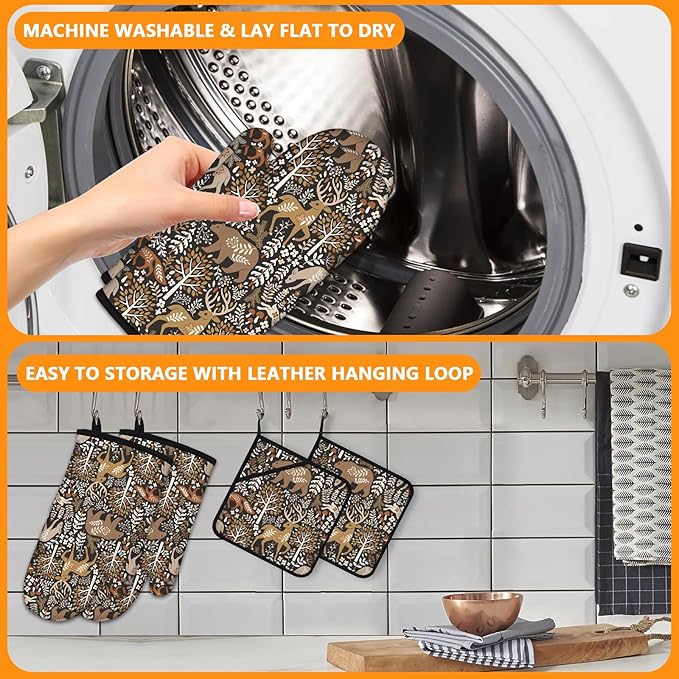 Bear Deer Oven Mitts and Pot Holders Sets 4Pcs,Extra Long Oven Gloves Potholder for Kitchen Cooking Baking BBQ 100% Cotton Heat Resistant