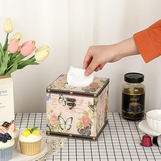 Sumnacon Tissue Box Retro Wood Square Tissue Box Cover Vintage Cube Tissue Box Holder,Decorative Tissue Holder for Bedroom Bathroom Toilet Table Desk Car Store Office Home Pink