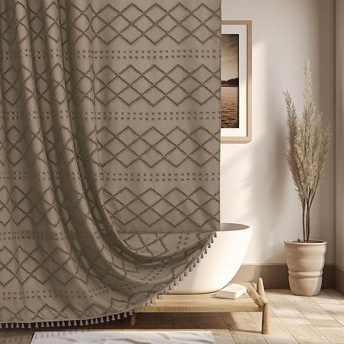 Siiluminisoy Extra Long Boho Farmhouse Shower Curtain - Woven Fabric Khaki 84 Inch, 72 x 84 Tufted Chevron Textured Striped Modern Minimalist Cloth for Bathroom