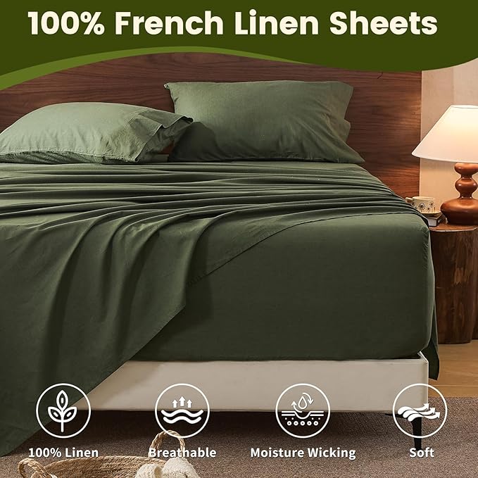 100% Linen Sheet Set King Size Extra Deep Pocket Fits 18-24 Inch Mattress, Breathable & Soft, Smooth 6-Piece Set for Thick Mattresses Hotel Luxury Bedding（King, Forest Green）