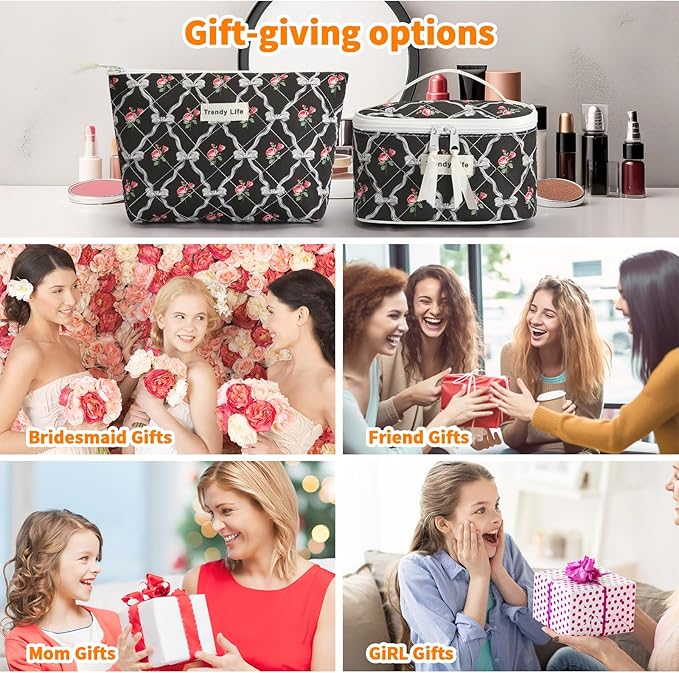 HAOGUAGUA 2 Pieces Makeup Bag, Small Large Quilted Cosmetic Bag, Travel Floral Make Up Toiletry Organizer Bag for Women Girls (2PCS STYLE B-5)