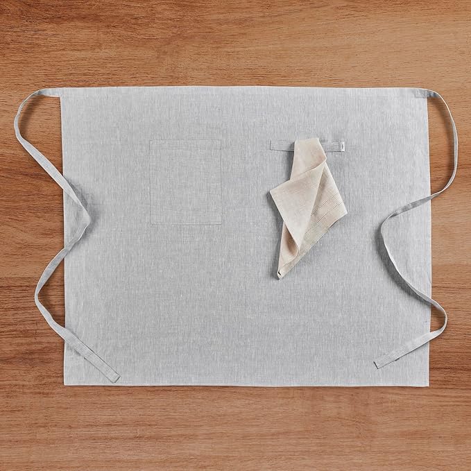 Solino Home Linen Bistro Server Apron - Extra long ties with Pockets - 100% Pure Linen Midi Half Apron for Men and Women