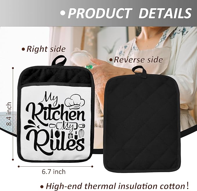 My Kitchen My Rules Funny Pot Holders with Pockets, Funny Chef Gifts Pot Holders Heat Resistant Oven Mitts Hot Pads for Kitchen Baking Cooking,Potholders for Kitchens