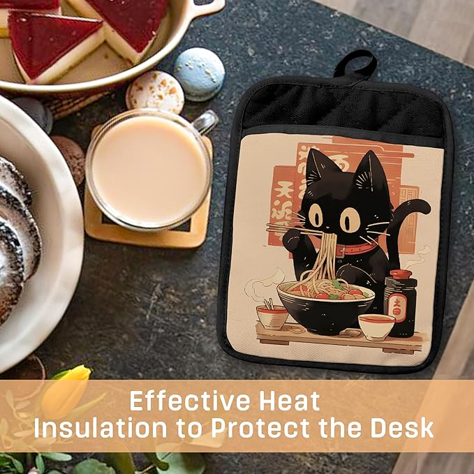 Japanese Sushi Ramen Black Cat Pot Holders with Pockets, Cat Kitchen Decor, Vintage Japanese Kitten Oven Pot Holders Heat Resistant Oven Mitts Hot Pads for Kitchen Baking Cooking, Set of 2