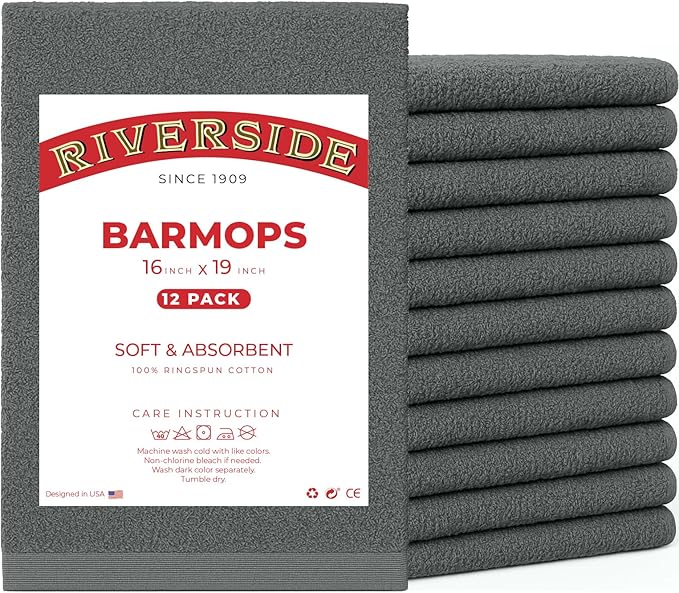 RIVERSIDE Bar Mop Towels Pack of 12, 16x19 Inches, 100% Ring Spun Cotton Terry Cloth Kitchen Towel, Highly Absorbent & Reusable Multipurpose Cleaning Rags for Bathroom, Hotel, Restaurant, Gray