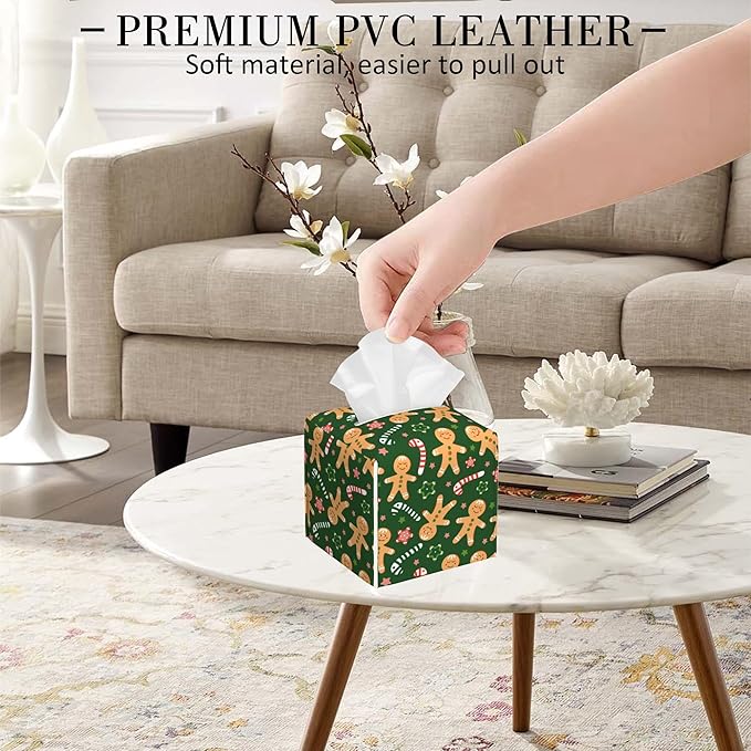Candy Canes and Stars Leather Tissue Box Holder Christmas Green Gingerbread Tissue Box Cover Square Waterproof Tissue Holder Organizer Modern Napkin Holder for Bedroom Dresser Night Stand Office Desk