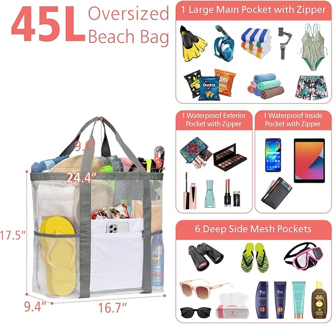 F-color Mesh Beach Bag Family - Large Tote Bag for Cruise Pool Toys Beach Vacation Essentials