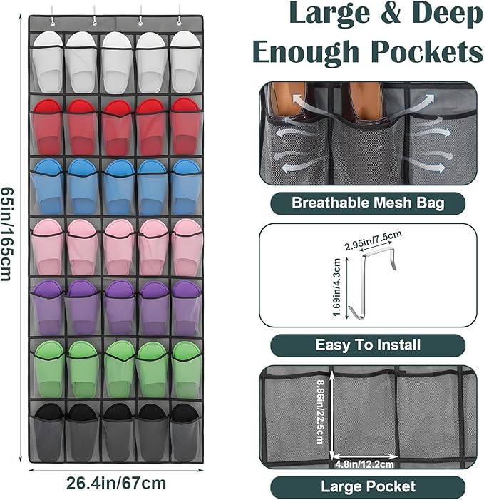 zisiueel 2 Pcs 70 Large over The Door Shoe Organizer Hanging Shoe Rack for Closet Holder Gray Mesh Pockets Back to School Behind Door Hanger Storage Nonslip for Home Room School Dorm, Each 35 Pockets