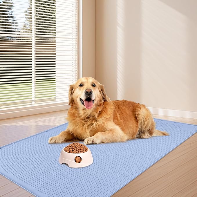 Bartuke Dog Food Mat, Extra Large 40" x 28" Silicone Pet Feeding Mat with Raised Edge Pet Placemat for Small, Medium, and Large Pets Non-Slip, Easy to Clean (Blue)