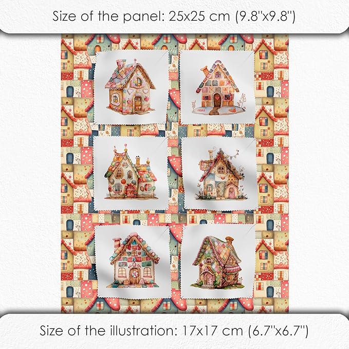 Patchwork Fairy Cottage Cotton Fabric Panel – 6 Designs (10×10 inch Each) + Bonus Sheet 29.5×19.6 inch, 100% Cotton 140 GSM, Made in Türkiye