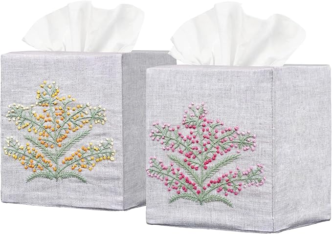 EmbroideryLinen.VN Tissue Box Cover Set of 2, Square Linen Tissue Holder, French Knot Hand Embroidered Floral Design, 4.5x4.5x5.5 Inches, Decorative Holder for Bathroom, Living Room, Office (Grey)