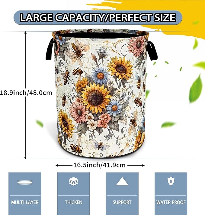NUTAINLA Bee Sunflower Laundry Basket Flower Foldable Oxford Cloth Funny Tote Bag Laundry Hamper Clothes Storage Bucket Toy Organizer For Bathroom/Laundry Storage/Bedroom 18.9x16.5 Inch