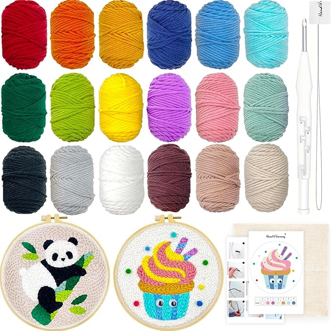 HAND U JOURNEY Punch Needle Beginner DIY Kit – 18 Colors Yarn, 2 x 8.4 Hoops with Panda & Cupcake Patterns, Punch Tool, Skill Guide, and Monk's Cloth for Creative Embroidery Craft