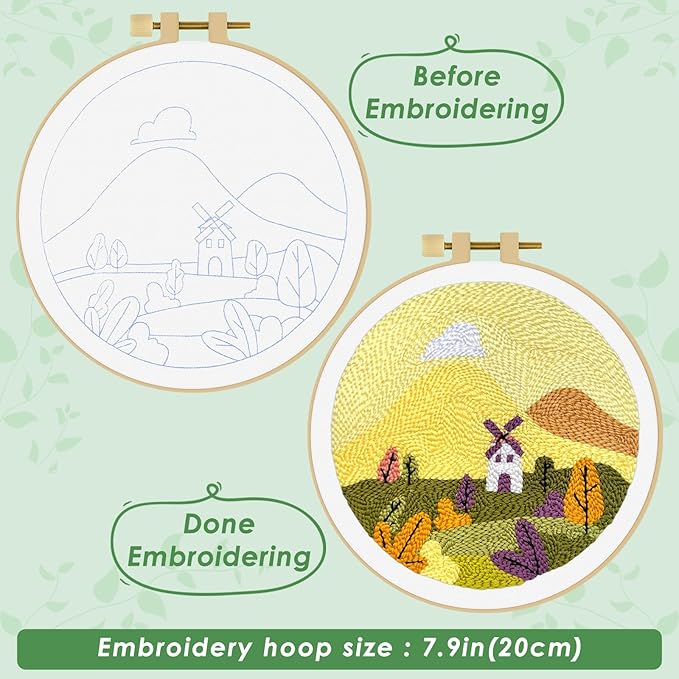 ERKOON Punch Needle Kit Adults Beginners, DIY Easy Landscapes Embroidery Set for Starter Art Craft, Needling Punch Project with Patterns, Tools, Yarns, Hoop, Instruction (Fall)