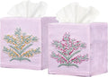 EmbroideryLinen.VN Tissue Box Cover Set of 2, Square Linen Tissue Holder, French Knot Hand Embroidered Floral Design, 4.5x4.5x5.5 Inches, Decorative Holder for Bathroom, Living Room, Office (Pink)