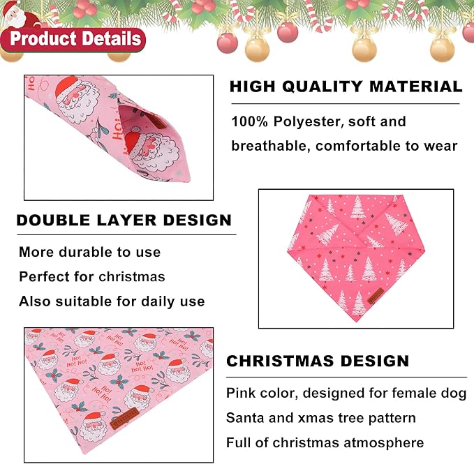 ADOGGYGO Pink Christmas Dog Bandana, Santa Xmas Tree Dog Scarf, Adjustable Fit Pink Pet Christmas Bandanas for Large and Extra Large Dogs (X-Large)