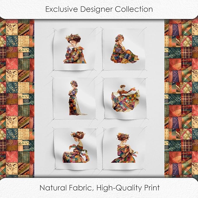 Elegant Lady Patchwork Cotton Fabric Panel – 6 Designs (10×10 inch Each) + Bonus Patchwork Sheet 29.5×19.6 inch, 100% Cotton 140 GSM