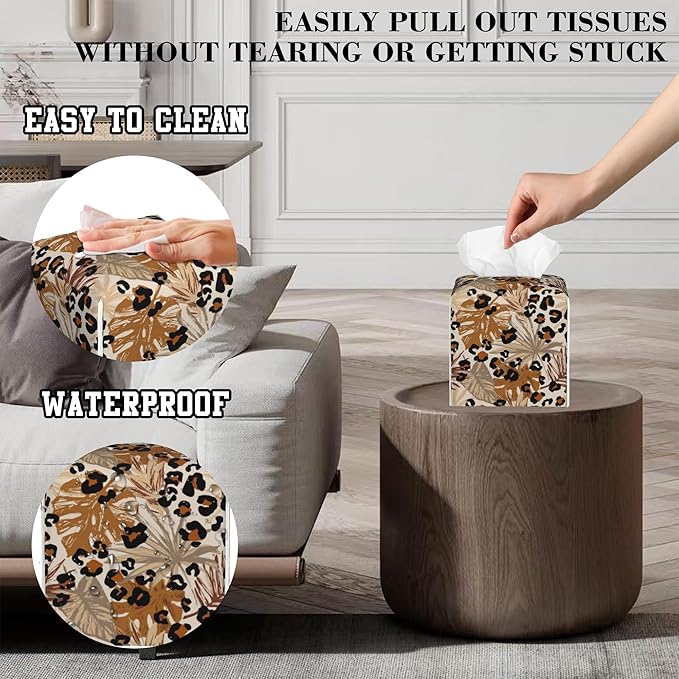 OHEGBXE Tissue Box Holder Tropical Leaves and Brown Leopard Spots Square Leather Tissue Box Cover Modern Cube Facial Paper Cover Case for Bathroom Vanity Countertop Night Stands Tabletop