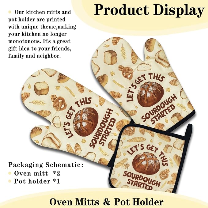 Funny Oven Mitts and Pot Holders Set of 3, Let's Get This Sourdough Started, Heat Resistant Non-Slip Kitchen Mitts Hot Pads, Sourdough Baker Gifts, Housewarming Gifts for Chef Bake Lovers