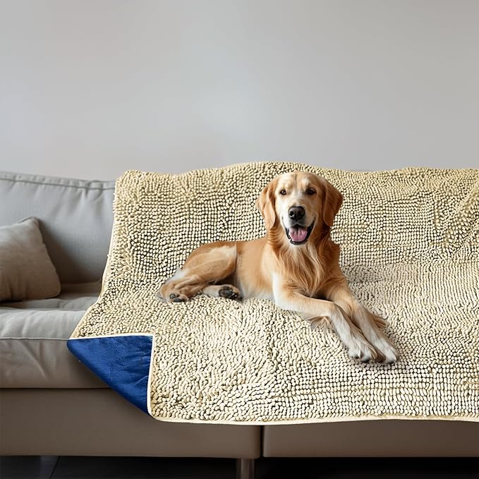 Muddy Mat® Dog Blanket - Chenille Water Absorption Blanket for Bed & Couch Cover for Dogs Washable, Anti-Slip Soft and Durable Furniture Protector for Dogs - Beige 52"x72"