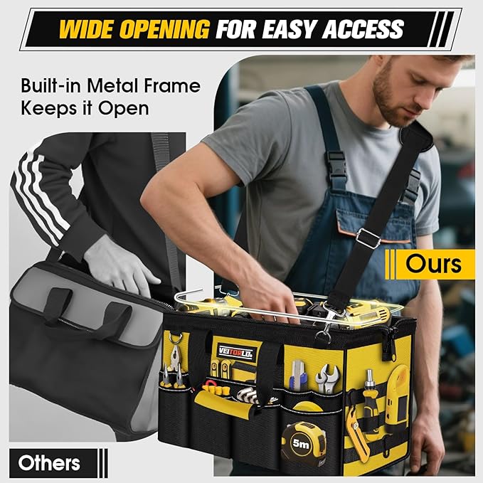 16-Inch Heavy Duty Tool Bag, 19-Pockets Tool Box Organizer, Portable Toolbag W/Soft Handle, Organized Storage, Mechanic Gifts for Him Men Husband Valentines Day, Wide Mouth Electrician Toolbox, Yellow