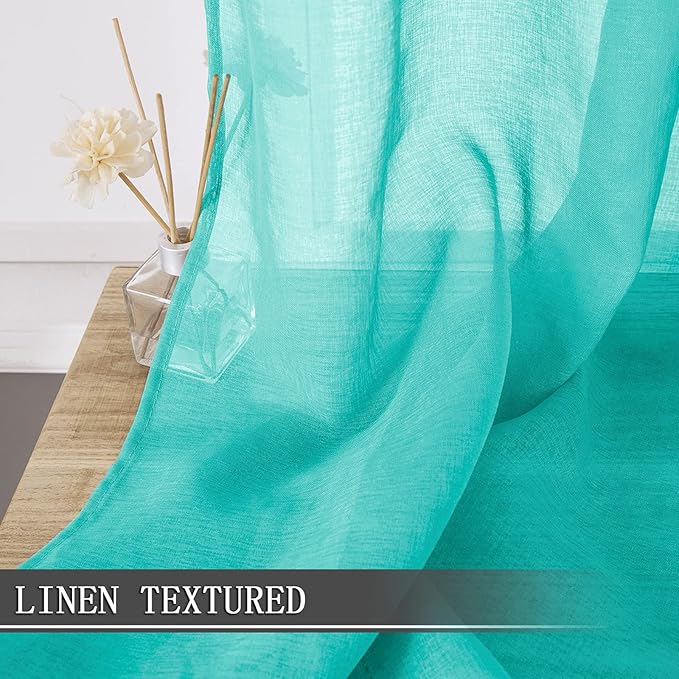 Tollpiz Sheer Curtain Linen Textured Living Room Curtains Sheer Light Filtering Rod Pocket Voile Curtain for Bedroom, 54 x 72 inches Long, Aqua Blue, Set of 2 Panels