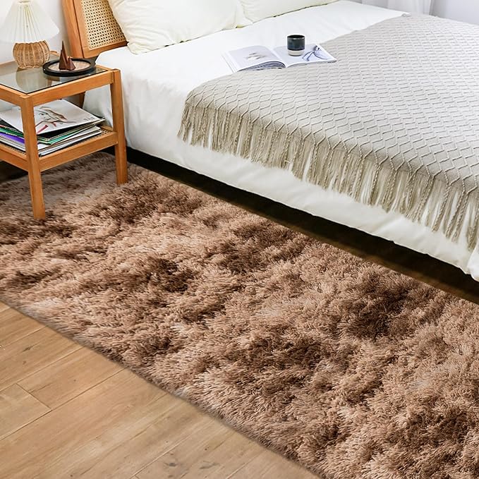 2x8 ft Plush Brown Tie Dye Rug Runner High Pile Fluffy Soft Bedside Rug Fuzzy shag Carpet for Bedroom Living Room Hallway Nursery Kids Home Decor Furry Carpet
