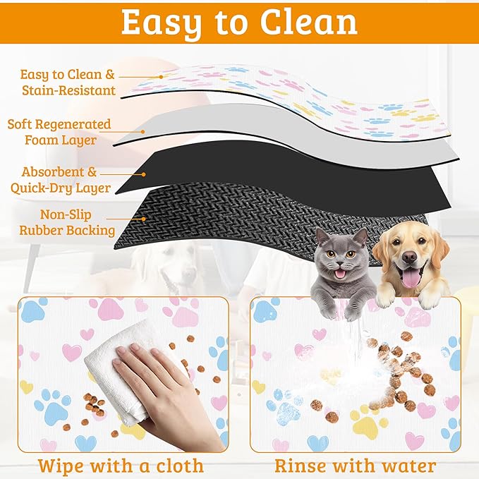 Dog Bowl Mat,Colorful Dog Paws Pet Feeding Mat for Floors Waterproof,Animal Absorbent Dogs Placemat for Food and Water Quick Dry Pet Cat Feeding Mats with Non Slip Bottom 12" x 20"