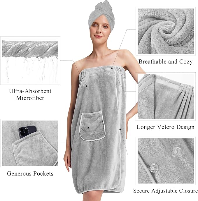 PJGGZ Towel Wrap for Women, Three Adjust Clasps Closure Bath Wraps After Shower Spa Sauna Bathrobe(Available in Plus Size)