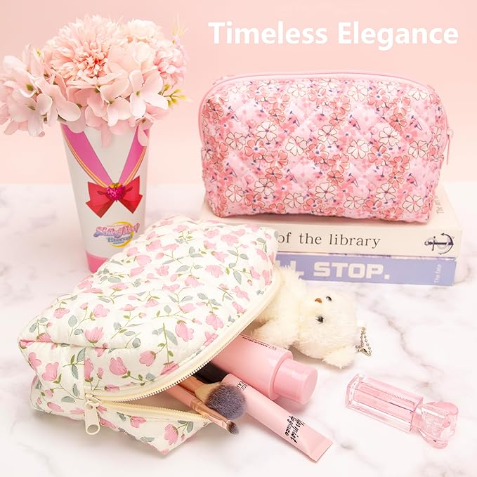 PAZIMIIK 2PCS SET Vintage Quilted Makeup Bag Cosmetic Pouch for Brushes Pencils and Travel Make Up Accessories for Women and Girls Flower White
