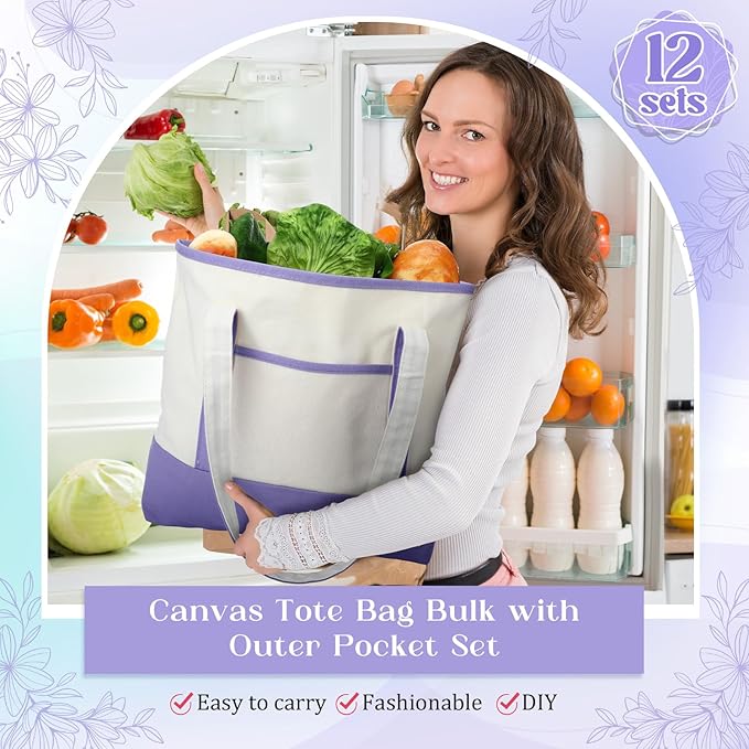 Sanwuta Canvas Tote Bags Bulk with Outer Pocket and Makeup Pouch 18'' Reusable Grocery Bags with Handles for Women Beach DIY