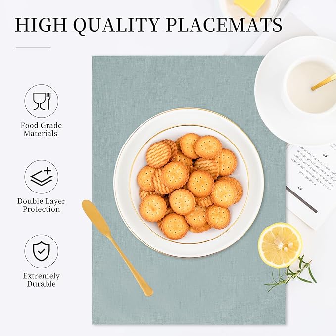 Placemats Set of 6 Linen Type Fabric Cloth Placemats, 19 x 13 Inch Double Layered Thick Wrinkle Free Heat Resistant Table Place, for Dining, Kitchen, Party (Light Gray, 48 * 33cm)