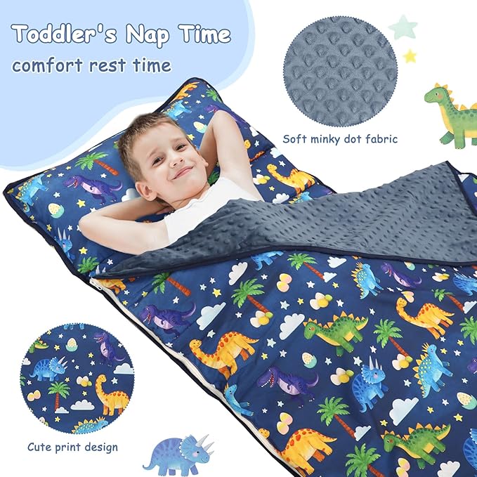 Hooyax Toddler Nap Mat with Pillow & Blanket - Extra Large Size for Toddlers Age 3-7 | Portable Kids Sleeping Bag for Daycare, Preschool, Travel | Roll Up Design for Kids