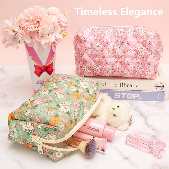 PAZIMIIK 6PCS Vintage Quilted Makeup Bag SET Cosmetic Pouch for Brushes Pencils and Travel Make Up Accessories for Women and Girls Floral Green