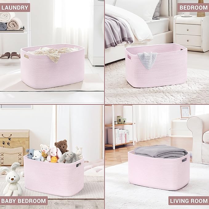 SunNewt 86L Large Baby Girls Laundry Basket for Nursery Storage,Cute Woven cotton Rope Baskets for Kids Toy，Gifts, Boho Square Wicker Blanket hamper for Living Room,Bedroom Dirty Clothes,Pink