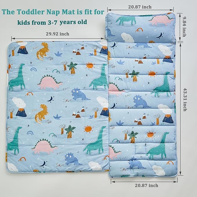 DuShow Cotton Toddler Nap Mat Dinosaur,Roll Up Slumber Bags for Boys,Toddler Nap Mat with Removable Pillow, Kids Sleeping Mat for Daycare and Preschool Kindergarten-Blue ﻿