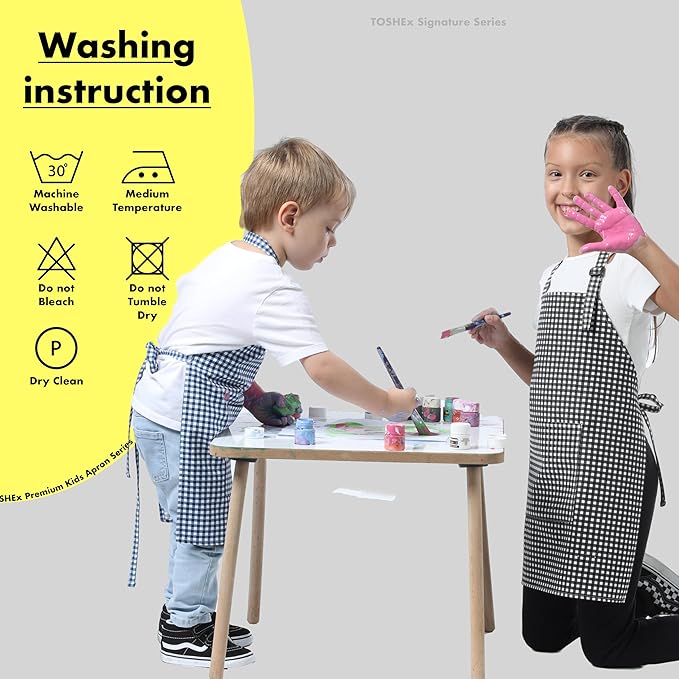 Kids Aprons for Cooking Waterdrop Resistant Aprons for Girl & Boy Toddler Apron for Painting, Gardening, Baking, Smock (Plaid Black, Medium (6-10 years)