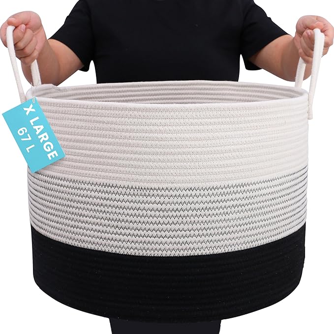 OrganiHaus Large Woven Storage Basket for Blankets and Toys 20" x 13" Inch, Rope Laundry Basket with Handles, Cushions & Pillows Storage Bin, Nursery Hamper, Soft Round Dog Toy Bin - Black/Off-White