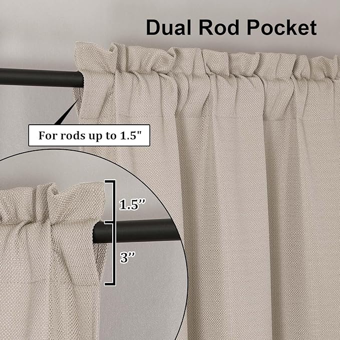 Lecloud Bessie Khaki Short Curtains 24 Inch Length 2 Pcs, Faux Linen Cafe Kitchen Small Curtains with Rod Pocket, Light Filtering Curtain Tiers Window Treatments for Bedroom Bathroom, Each 30 W x 24 L