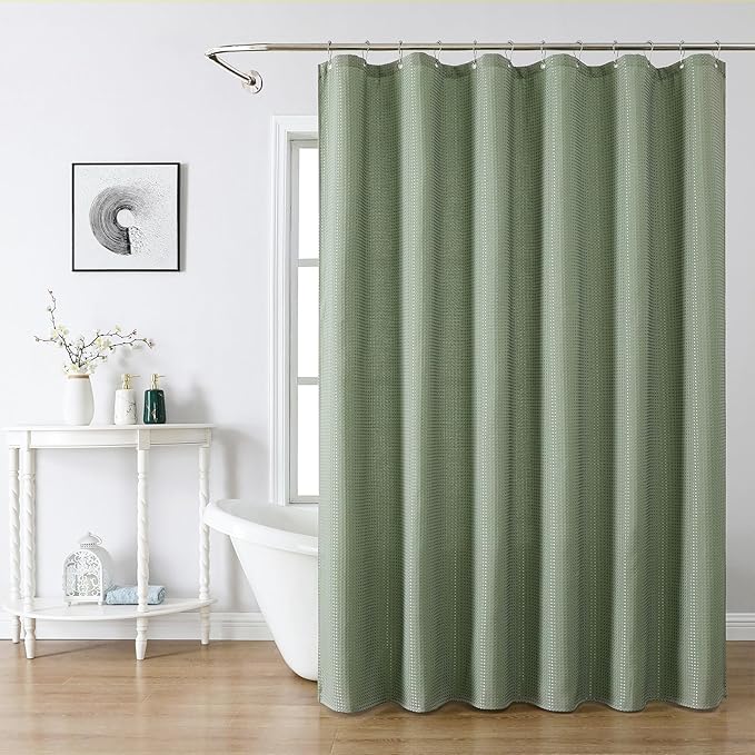 meioro Sage Green Shower Curtain, Waffle Weave 256GSM Heavy Duty Textured Fabric Shower Curtains for Bathroom Hotel Spa, Luxury Weighted Polyester Cloth Bath Curtain Set with 12 Hooks, 72Wx84H