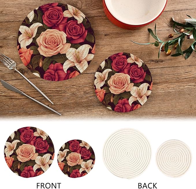 Roses and Lily Flowers Bushes Trivets for Hot Dishes Pots and Pans Potholders Woven Trivet Cotton Round Large Pot Holder Decor Heat Resistant Hot Pads Mat for Table Counter Cooking Potholder Se