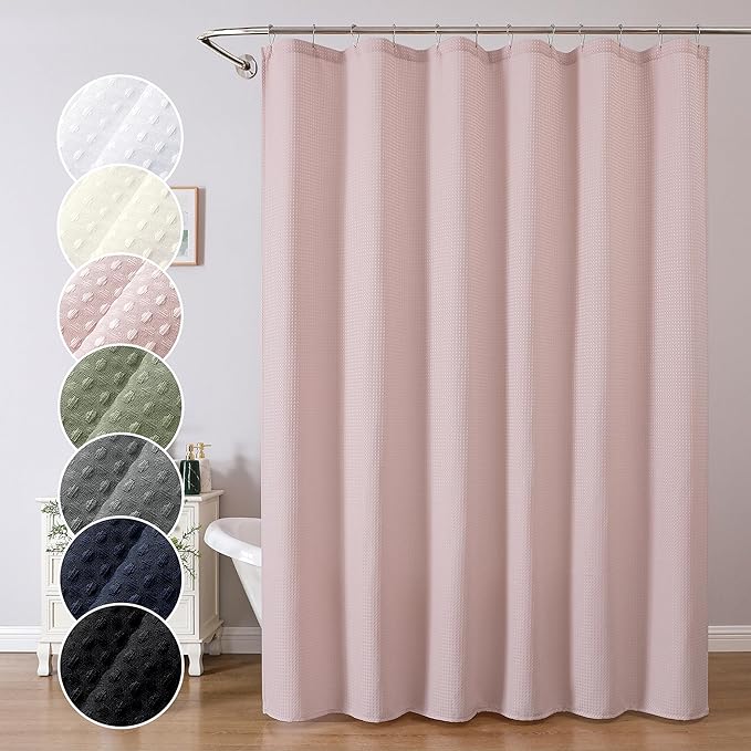 OWENIE Blush Shower Curtain 96 Inch Extra Long, Waffle Weave Textured Fabric Bathroom Curtains, Water Repellent Thick Soft Hotel Spa Luxury Elegant Bath Curtain, Machine Washable, Blush, 72x96 Inch