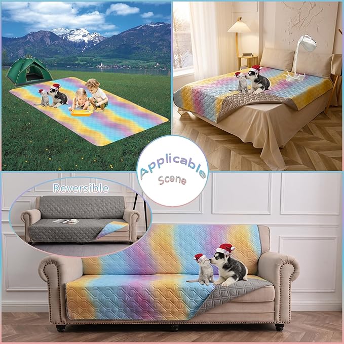 Topthumbs 100% Waterproof Dog Bed Cover 30x70 inch Reversible Changing Pad Reusable Camping Mat for Kids/Pet/Dog/Cat Washable Geometric Embroidery Blanket Patchwork Rainbow Ombre Printed+Gray