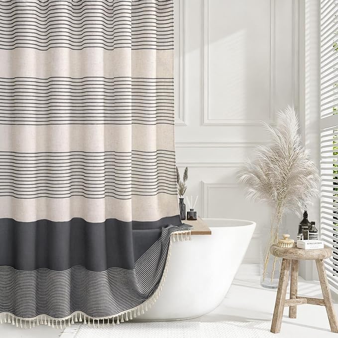 XOGUIBO Dark Grey Shower Shower Curtain Boho Linen Striped Shower Curtains for Bathroom with Tassel 72 X 72
