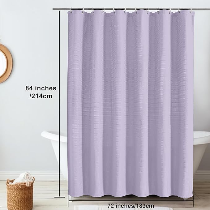 OVZME Extra Long Shower Curtain Set - 84 Inch Long Waffle Weave Heavy Duty Cloth Shower Curtain for Bathroom, Luxury Weighted 230GSM Bath Curtain Set with 12 Plastic Hooks, 72Wx84L, Lavender